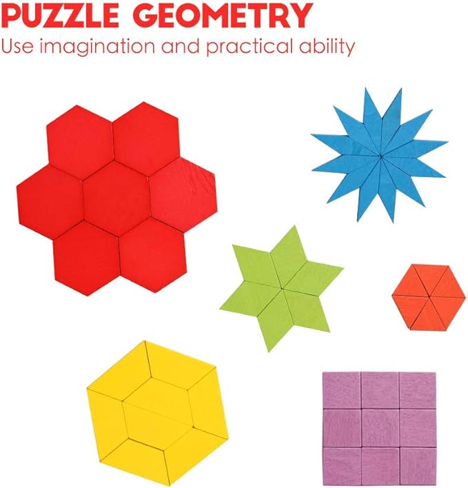JCREN Wooden Pattern Blocks Montessori Toys Shape Puzzles Kindergarten Classic Educational Tangram Geometric Brain Teaser Toys Best STEM for Kids Ages 4-8 with 24 Pcs Cards