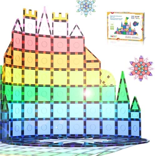 66 pc Magnetic Tiles with Multicolored Car Set, Building Blocks Toys, STEM Educational Learning Magnet Toy Preschool Montessori Boys & Girls Smart Kit Games Gifts for Age 3+ Kids Toddlers by Everplay
