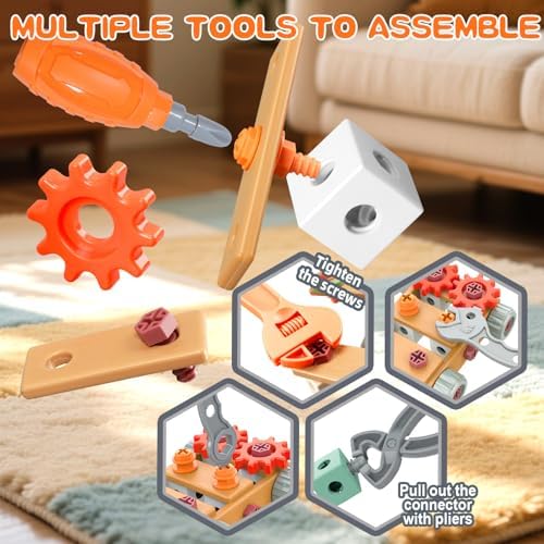 VEAIS Kids Tool Set,135Pcs Tool Set with Toolbox,Educational Montessori Toys,STEM Pretend Play Construction Toys for 3 4 5 Year Old,ABS Plastic Repair Toolkit for 3-6 Year Old Boy,Best Birthday Gift - Image 5