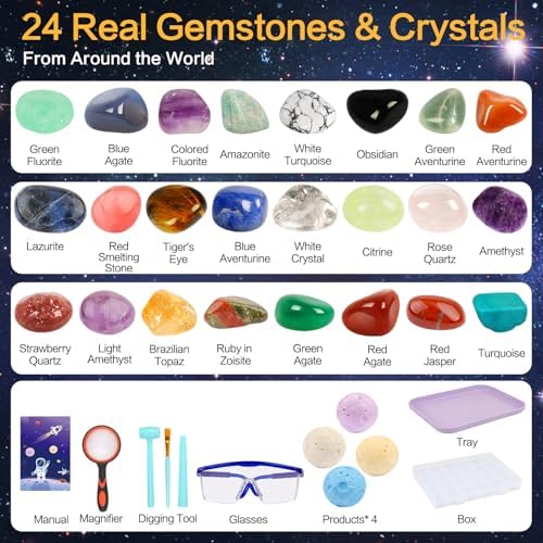 QLKUNLA Gemstones Dig Kit, Excavate 24 Real Gems in Solar System STEM Educational Space Toys for Boys & Girls Archaeology Geology Science Project Gift - Image 4
