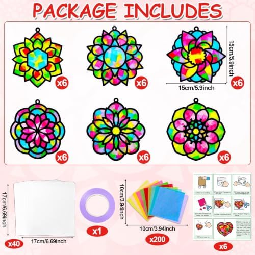 Qyeahkj 36 Set Mandala Suncatchers Crafts for Kids DIY Mandala Window Tissue Paper Craft Kit Art Flower Hanging Decor for Summer Home Activity Art Project Birthday Party Favor Gift - Image 2