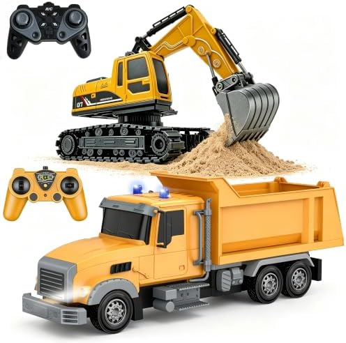 Remote Control Excavator and Dump Truck Toy Set, RC Excavator & RC Dump Truck with Lights and Sounds for Imaginative Play, Birthday Gifts for Toddlers Boys Girls by CALEST