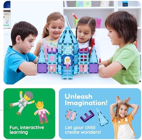 PicassoTiles 72 Piece Magnetic Building Tiles Castle Winter Ice Theme Construction Magnet Block Set with Princess Prince Character Stairs Windows Doors STEM Learning Educational Toy Kids Ages 3+ PT72 - Image 5