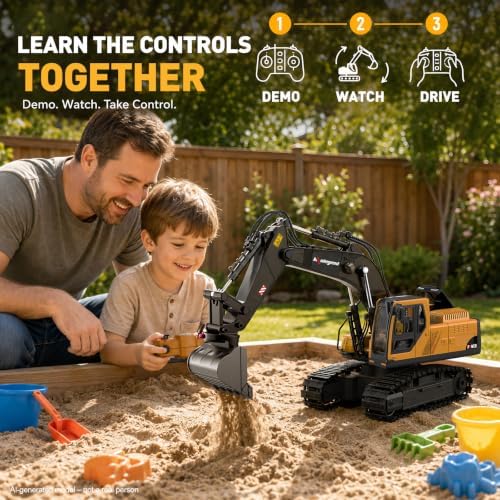 kolegend 3 in 1 Remote Control Excavator Toy 14 Channel RC Excavator Toy for Boys 3-12 with Bucket/Claw/Drill 2.4GHz Full Functional Construction Vehicles Toys Gift for 6 7 8 9 10 Years Old Kids Boys - Image 3
