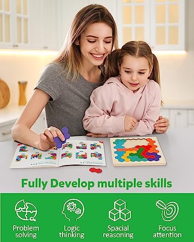 Coogam Wooden Tangram Puzzle, Color Shape Pattern Jigsaw Brain Teasers 3D Logic IQ Game Geometric Blocks Montessori STEM Educational Toys Gift for All Age - Image 5