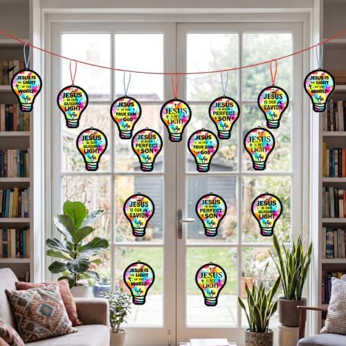 48PCS Sunday School VBS Crafts Bulk: Paper Lightbulb Cross Nativity Suncatchers, Religious Christian Activity DIY Kits Church Decorations, Window Stained Glass Effect Art Supplies(Jesus Style) - Image 5