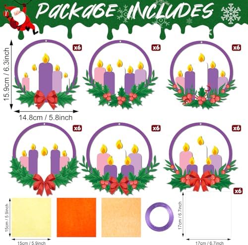 Qyeahkj 36 Set Christmas Advent Wreath Suncatchers Crafts for DIY Advent Candle Tissue Paper Craft Kit Hanging Decor for Xmas Holiday Home Activity Art Project Birthday Party Favor Gift - Image 2
