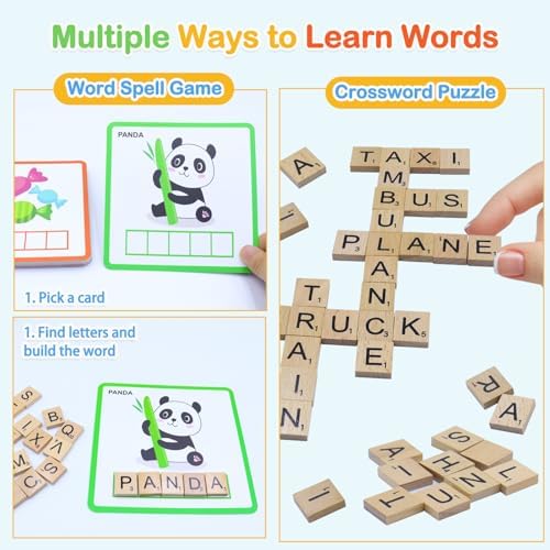 Spelling Game for Kids Ages 3-8, Word Building & Sight Word Games, Phonics Learning Toy with 100 Wooden Letter Tiles & 30 Double-Sided Flashcards, Preschool Kindergarten Early Reading Game - Image 4