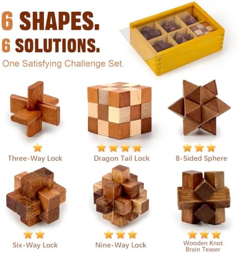 VolksRose 6pcs Wooden Brain Teaser Puzzles, IQ Challenge Puzzle Games, Logic Smart Mind Puzzle Box Lock Toy Removing Assembling 3D Small Puzzle Gift Set for Adults Teenagers Kids, 1.8inch 4.5cm - Image 2