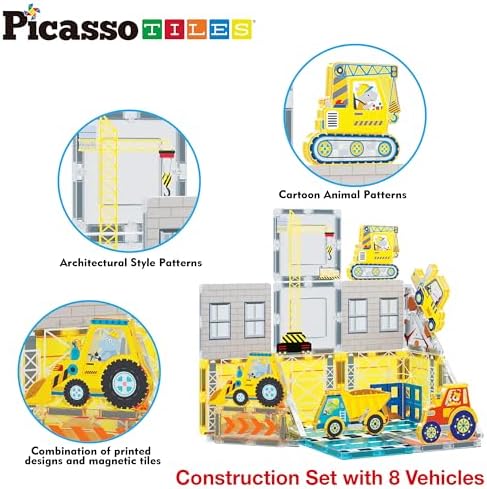 PicassoTiles Magnetic Tile Construction Set with 8 Vehicle Figures and 18 Printed Panels STEM Educational Building Kit for Kids Age 3 Plus Creative Play Learning Blocks Motor Skills Development PTQ21 - Image 3