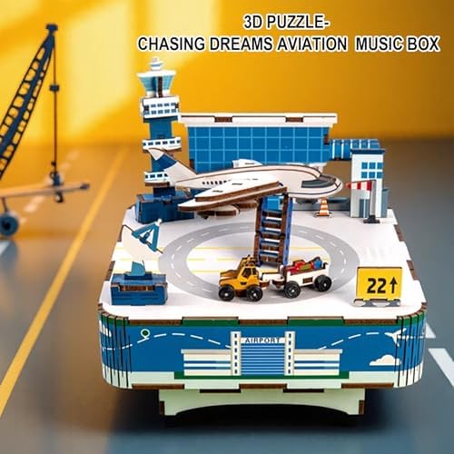 3D Wooden Puzzles Airport Model DIY Rotating Music Box Kit for Teen Boys and Girls-Birthday Gifts and Toys for Kids（Airport Model Music Box） - Image 6