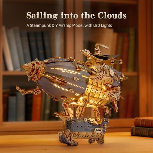 FUNPOLA LED 3D Wood Puzzle Fantasy Airship Model - Steampunk DIY Craft Kit with LED Lights – Intricate Wooden Airship Model Building Set for Adults(Gray) - Image 6