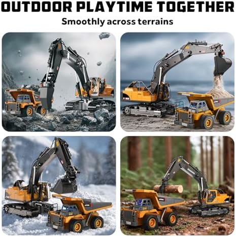Remote Control Excavator and Dump Truck Toy Set for Kids, 2.4GHz RC Construction Vehicles with Light, Sound Effects, Metal Bucket, Claw and Drill Attachments, Engineering Truck Toys for Boys and Girls - Image 6