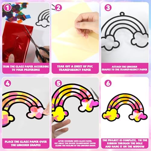QOUBAI 32 Sets Unicorn Rainbow Suncatchers Craft Kit DIY Window Stained Glass Effect Diamond Star bow Paper Crafts Home School Classroom Decoration Kid Birthday Gift Creative Art Project Activity Game - Image 3