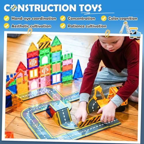 Soyee 102 PCS Magnetic Tiles with 2 Cars & 2 Cranes - Image 2