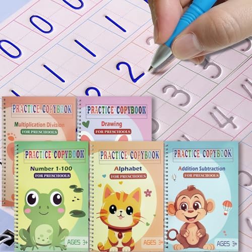 Magic Grooved Practice Copybook 5 Pack with Pens, Groove Reusable Magical Handwriting Workbooks, Tracing Letters Numbers, Math, Kindergarten Sight Words for Kids Ages 3-8 for Preschool(5books+Pens） by FREKNOW
