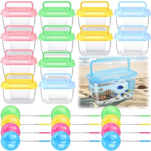 24 Pcs Plastic Fish Bowls with Ventilated Lids and Fishing Nets Bulk Set Include 12 Fish Bowl with Handle and 12 Fishing Nets for Collecting Fishes Crabs Sea Creatures for Summer Beach Party Favors by Unknown
