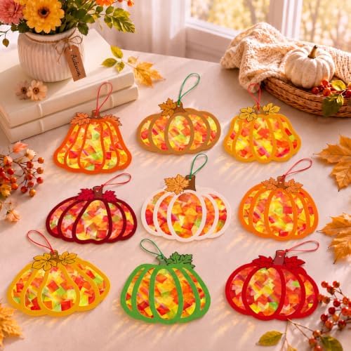 Renbuzhu 48PCS Fall Crafts Bulk: Pumpkin Paper Suncatchers DIY Kit for Autumn Thanksgiving Activities Decorations, Window Stained Glass Effect Art Supplies - Image 2
