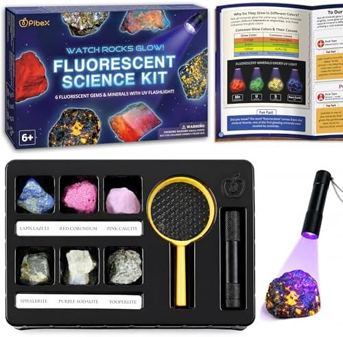 PIBEX Fluorescent Rock Science Kit, 6 Glowing Rocks, with UV Flashlight by PIBEX