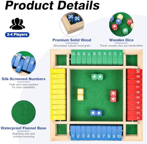 Shut The Box Game Wooden Board Dice Game, 2-4 Players Table Math Games for Kids and Adults, Fun Family Game Night Classroom Home Party or Pub Strategy Games - Image 3