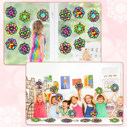 Qyeahkj 36 Set Mandala Suncatchers Crafts for Kids DIY Mandala Window Tissue Paper Craft Kit Art Flower Hanging Decor for Summer Home Activity Art Project Birthday Party Favor Gift - Image 6