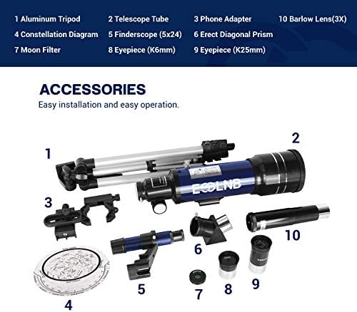 ESSLNB Telescope for Adults, 70mm Aperture Refractor Telescopes (15X-180X) for Astronomy Beginners, Portable Travel Telescope with Phone Adapter & Adjustable Tripod - Image 6
