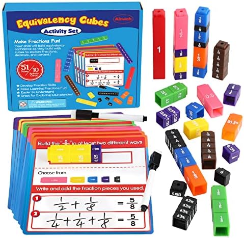 Aizweb Interlocking Fraction Manipulatives Cubes-Fraction Tiles Blocks,Equivalency Percent Decimals Cubes,Math Games Activity for Elementary Kids,Fraction Learning Tools Homeschool Classroom Supplies by AIZWEB