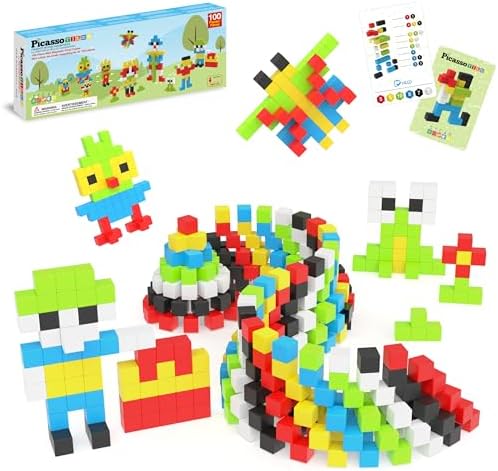 PicassoTiles 100pcs 0.5” Pixel Magnetic Puzzle Cube Mix & Match Cubes Sensory Toys STEAM Education Learning Building Block Magnets Children Construction Toy Set Stacking Magnet Creative Kit PMC100 by PicassoTiles