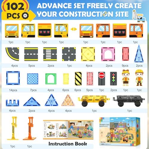Soyee 102 PCS Magnetic Tiles with 2 Cars & 2 Cranes - Image 4