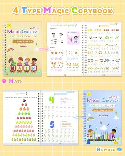 Magic Practice Copybook, Reusable Writing Practice Book, Handwriting Aid for Preschool Kids Age 3-8 (4 Books with Pens) - Image 4