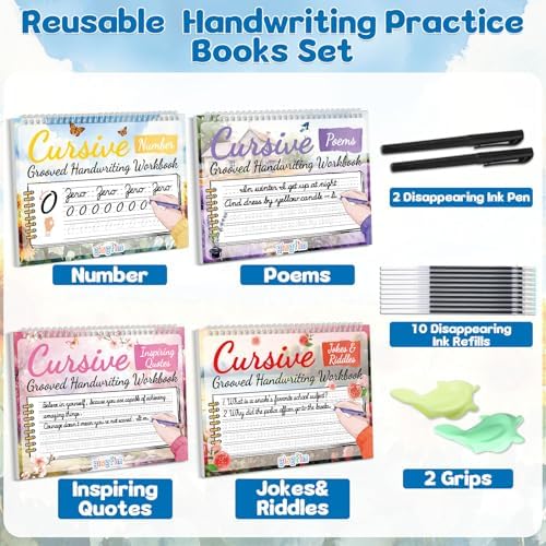 gisgfim 4 Pack Grooved Cursive Handwriting Workbook Kit Magic Reusable Grooved Handwriting Practice with Disappearing Ink Pens Cursive Workbook for Kids Number Poems Jokes & Riddles Inspiring Quotes - Image 3
