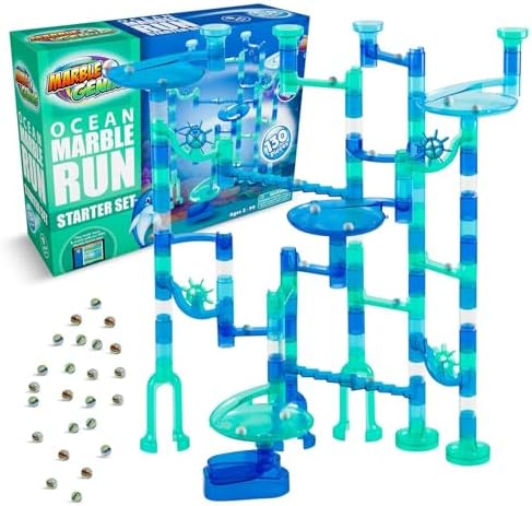 Marble Genius Marble Run Starter Set STEM Toy for Kids Ages 4-12 - 130 Complete Pieces (80 Translucent Marbulous Pieces and 50 Glass Marbles), Construction Building Block Toys, Theme (Ocean), by MarbleGenius