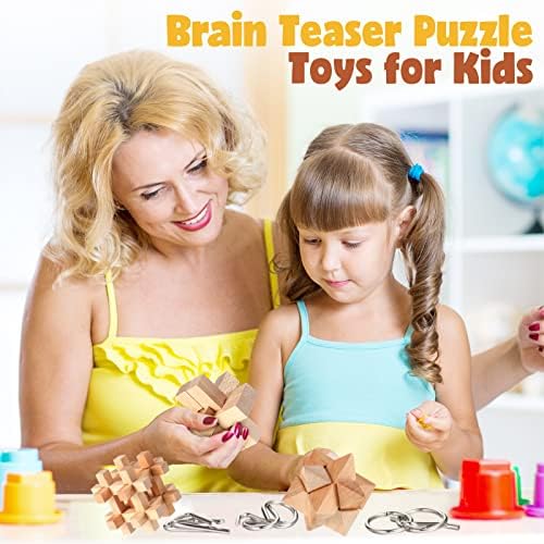 34 Pcs Metal Brain Teaser Puzzles for Kids Adult 3D Wooden Mind Games Puzzle Cube Wooden Brain Games Block Metal Wire Unlock Interlock Game Educational Logic Mind Desktop Toys - Image 4