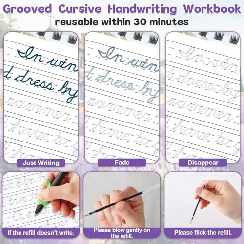 gisgfim Grooved Cursive Handwriting Workbook Magic Reusable Grooved Cursive Handwriting Practice Guided Tracing with Disappearing Ink Pens for Beginners Kids Learning Activities Supplies (Poems) - Image 4