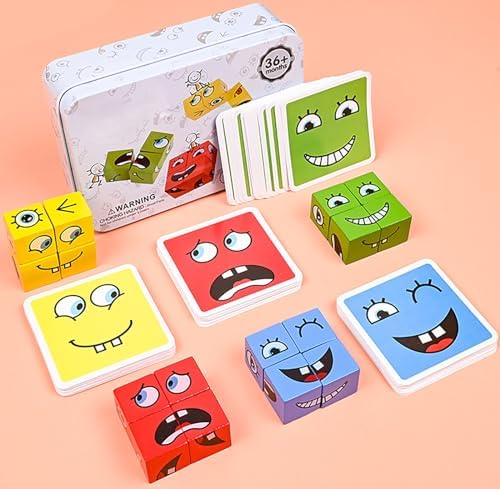 Large Wooden Face Expression Puzzle Building Cubes Manipulatives Face Changing Magic Cube Puzzles Matching Game with Bell Logical Thinking Training Brain Educational Montessori STEM Toys - Image 2