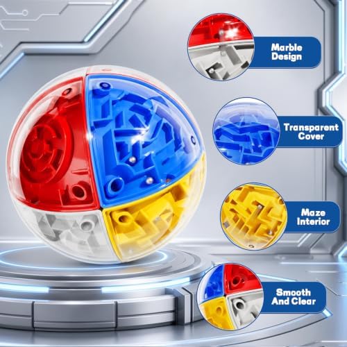 3D Maze Cube Ball Puzzle Brain Teaser for Adults & Kids, Educational Learning Toys Logical Thinking, Family Board Games Tabletop, Durable Puzzle Cube (White&Blue&Red&Yelllow-D, 3.3x3.3x3.3) - Image 5