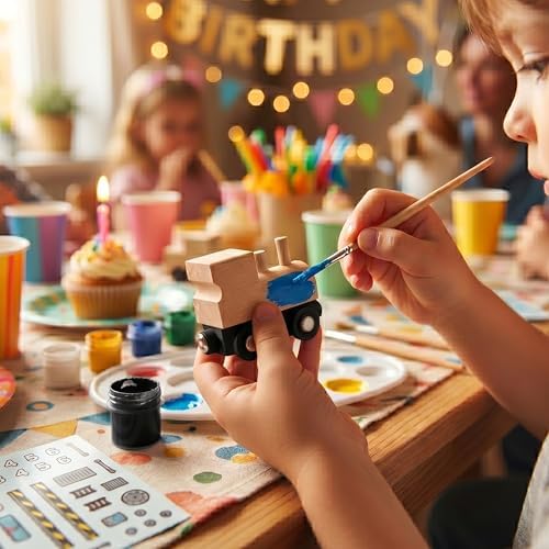 12 Pcs Unpainted Wooden Train And Stickers - Craft Kit – Magnetic Engines with 12 Sticker Sheets – Compatible with All Major Wooden Railway Brands – Art Project for Kids & Birthday Party Favors - Image 5