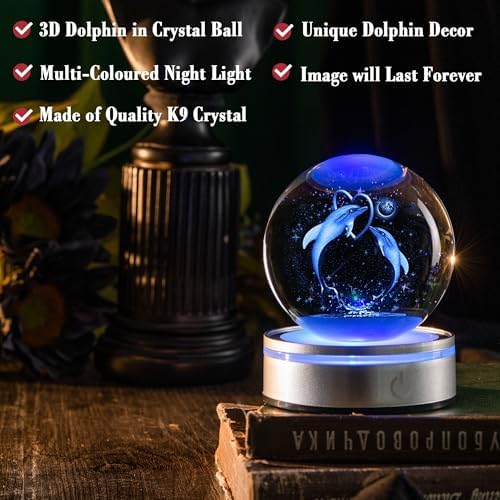 IFOLAINA 3D Dolphin Crystal Ball Night Lights Dolphin Lovers Gifts - Image 2