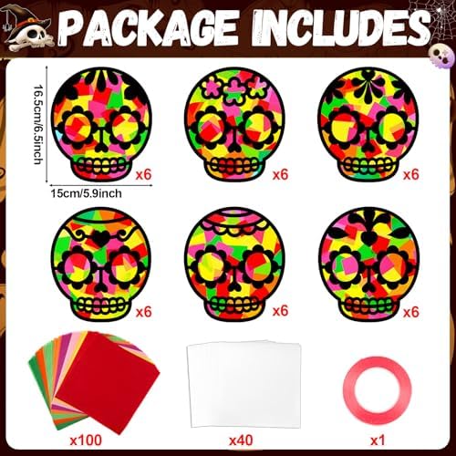 Qyeahkj 36 Set Day of The Dead Suncatchers Crafts for DIY Skull Window Tissue Paper Craft Kit Hanging Decor for Mexico Home Activity Art Project Birthday Party Favor Gift - Image 2