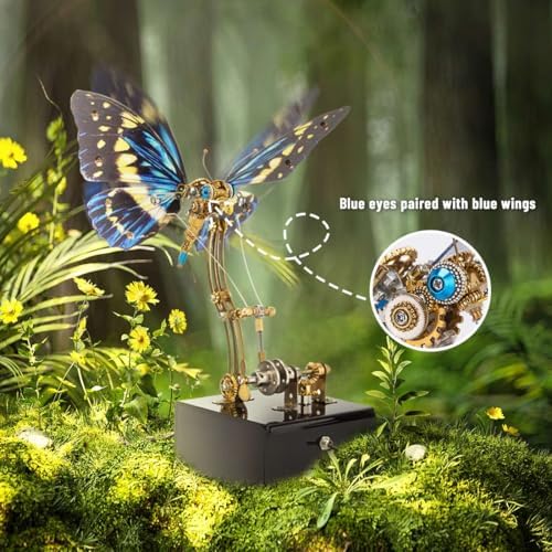 3D Metal Puzzle Mechanical Butterfly Insect Bug Model with Music Box, Steampunk Home Office Desk Decor, Collectible DIY Hand Craft Kit for Adults - 300+PCS Blue - Image 2