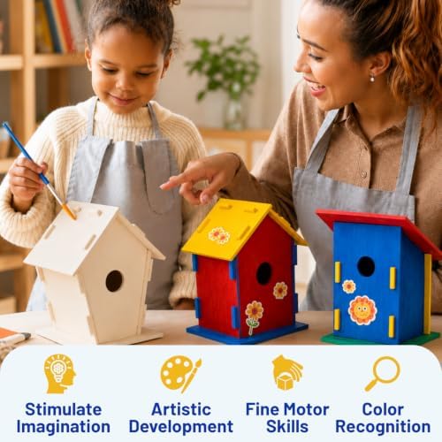 Neliblu DIY 12 Wooden Bird House Kits - Creative Arts and Crafts Set for Adults - Unfinished Wood Birdhouses with Paint Strips, Brushes, Stickers and Strings - 3 Unique Shapes, 2 Sizes - Image 4