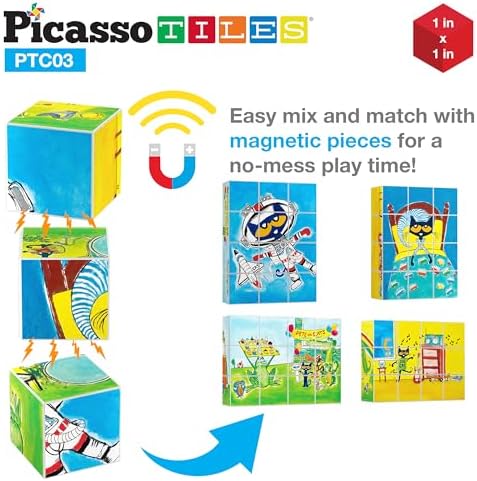 PicassoTiles Magnetic Tiles Pete the Cat Magnet Puzzle Cube Set 6 Cartoon Theme Mix and Match Brain Teaser STEM Educational Toy for Kids Toddlers Preschool Age 3 Plus Sensory Learning Play Kit PTC03 - Image 4