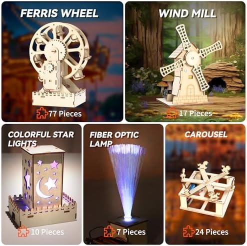 5-in-1 STEM Kits for Kids Ages 8-13, Wooden Building Toys with Motorized Ferris Wheel & Night Light, DIY Science Engineering Projects, Educational Gifts for Boys and Girls - Image 2