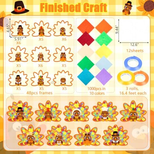 Renbuzhu 48PCS Thanksgiving Crafts Bulk: Cute Turkey Paper Suncatchers DIY Kit for Fall Activities Decorations, Window Stained Glass Effect Art Supplies - Image 3