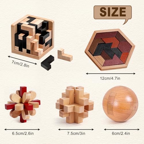 5PCS Wooden Puzzles for Adults & Kids – Cube & Shape Brain Teasers, Logic & Educational Games, Family Fun - Image 2