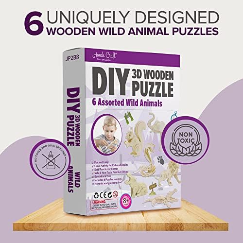 Hands Craft DIY 3D Wooden Puzzle – 6 Assorted Wild Animals Bundle Pack Set Brain Teaser Puzzles Educational STEM Toy Adults and Kids to Build Safe and Non-Toxic Easy Punch Out Premium Wood JP2B8 - Image 2