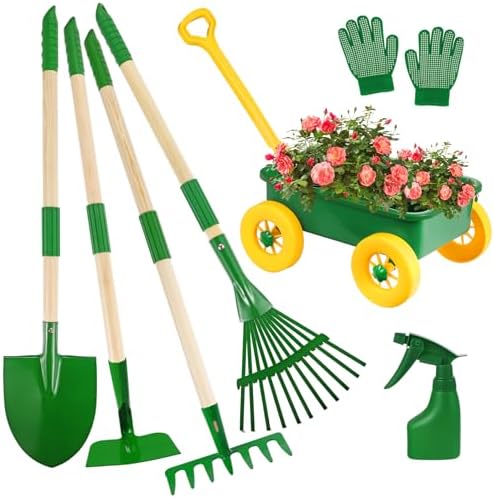 Duckura Kids Wheelbarrow Set, Kids Gardening Tools Set with Real Shovel, Rake, Hoe and Leaf Rake for Outdoor Backyard Play, Educational Toys Birthday Gift for Toddler Boys & Girls Ages 3 4 5 by Duckura