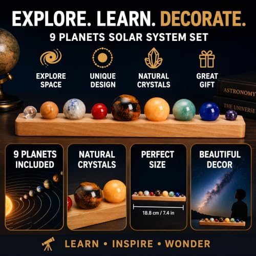 ZENFUN Nine Planets in Solar System with Wooden Stand, Natural Gemstones Sphere Solar System Model Kit, Planet Marbles, Desktop Display & Collection Model, Ideal for Astronomy Enthusiasts - Image 4
