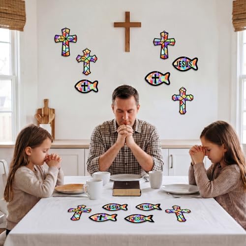 Renbuzhu 48PCS Sunday School VBS Crafts Bulk: Paper Cross Fish Nativity Suncatchers, Jesus Religious Christian Activity DIY Kits Church Decorations, Window Stained Glass Effect Art Supplies - Image 5