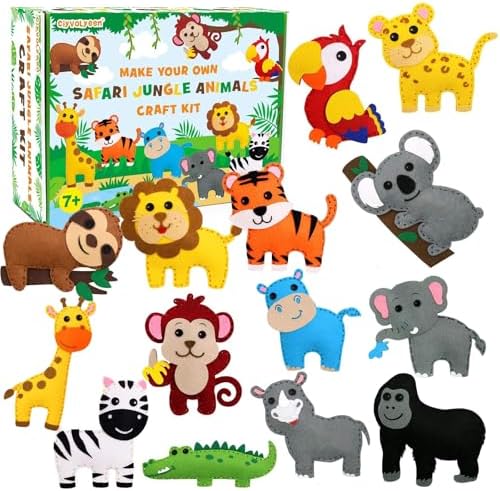 CiyvoLyeen Kids Sewing Kit Crafts – DIY Safari Jungle Animals Felt Plush Ornaments Sewing Set for Girls & Boys Ages 7–12, Beginner Craft Kit Set of 14 by CiyvoLyeen